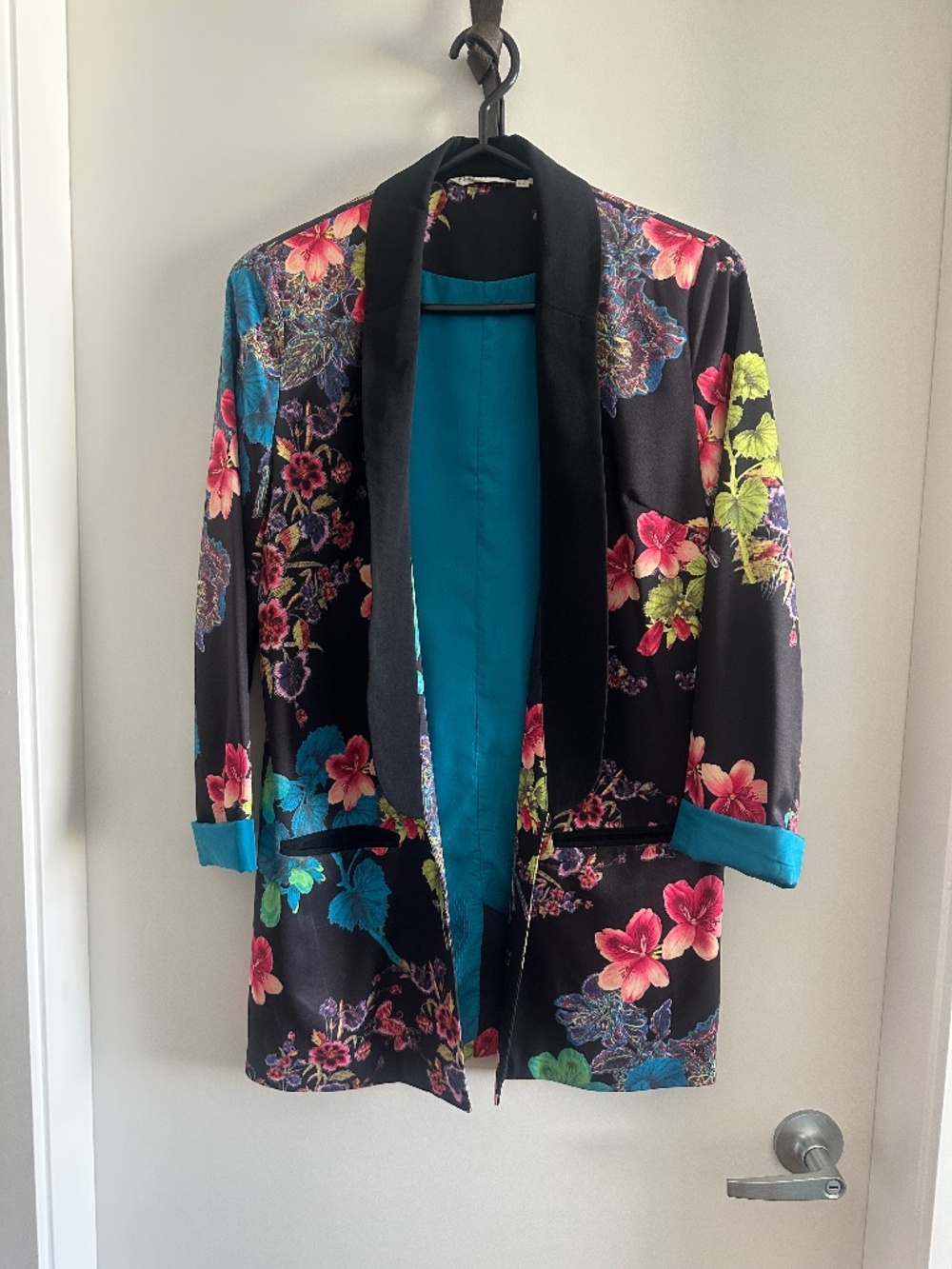 Pink Stitch Floral Print Blazer | Black, Teal & Multicolor | Statement Jacket
